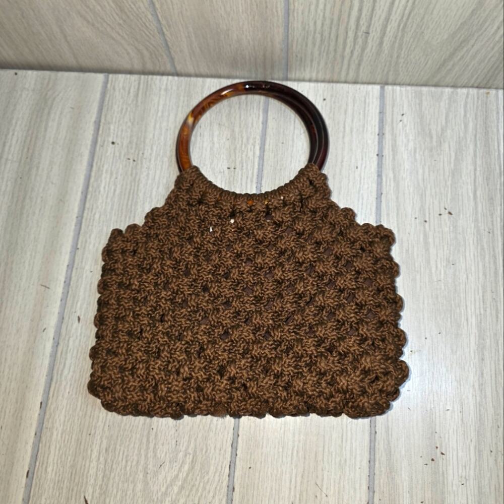 Vtg Handmade Brown Crochet Handbag Bakelite? Handle Knit/Woven Macrame Boho